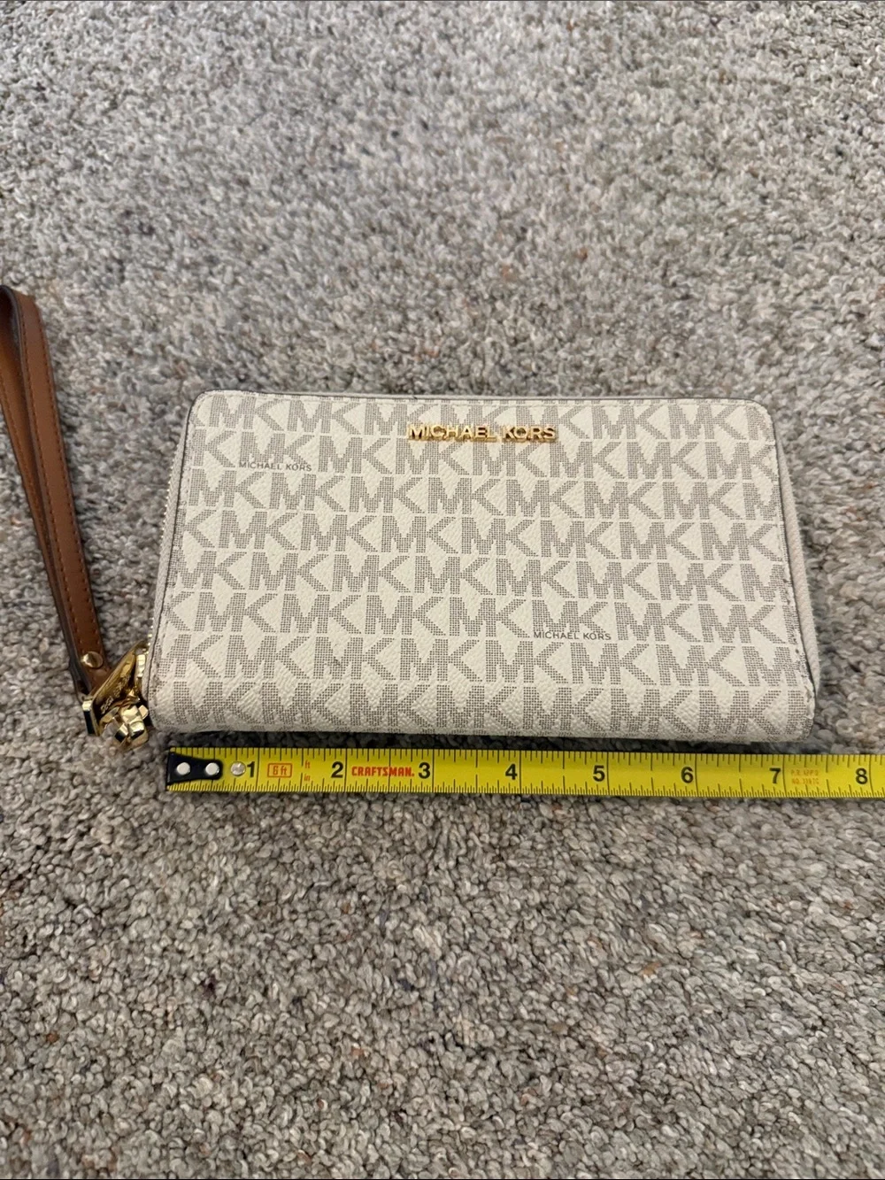 Michael Kors Beige Signature MK Zip Wristlet Wallet with Brown Strap